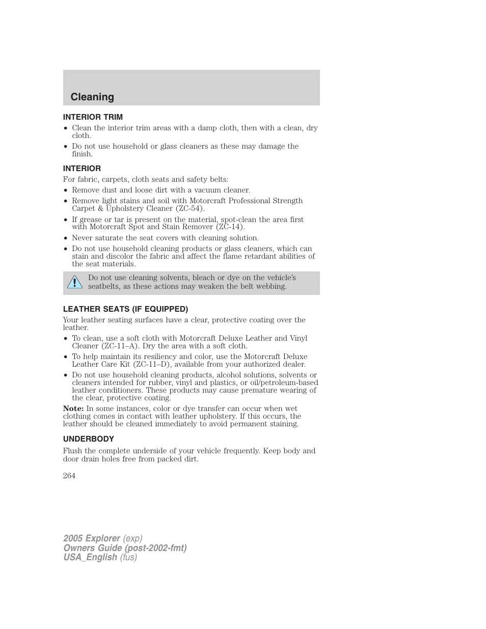 Cleaning | FORD 2005 Explorer v.2 User Manual | Page 264 / 320