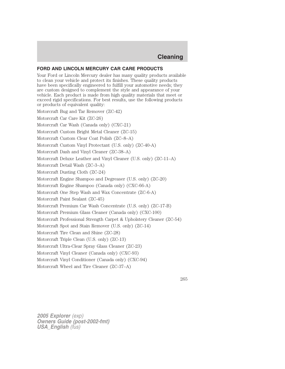 Cleaning | FORD 2005 Explorer v.2 User Manual | Page 265 / 320