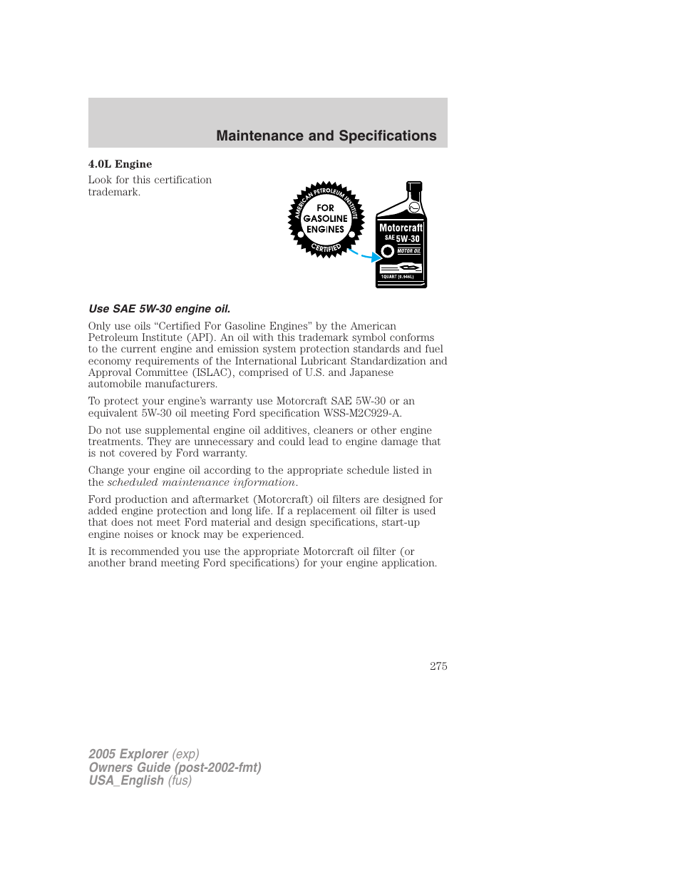 Maintenance and specifications | FORD 2005 Explorer v.2 User Manual | Page 275 / 320