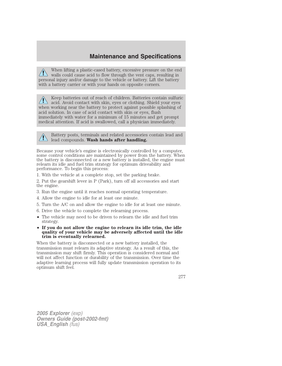 Maintenance and specifications | FORD 2005 Explorer v.2 User Manual | Page 277 / 320