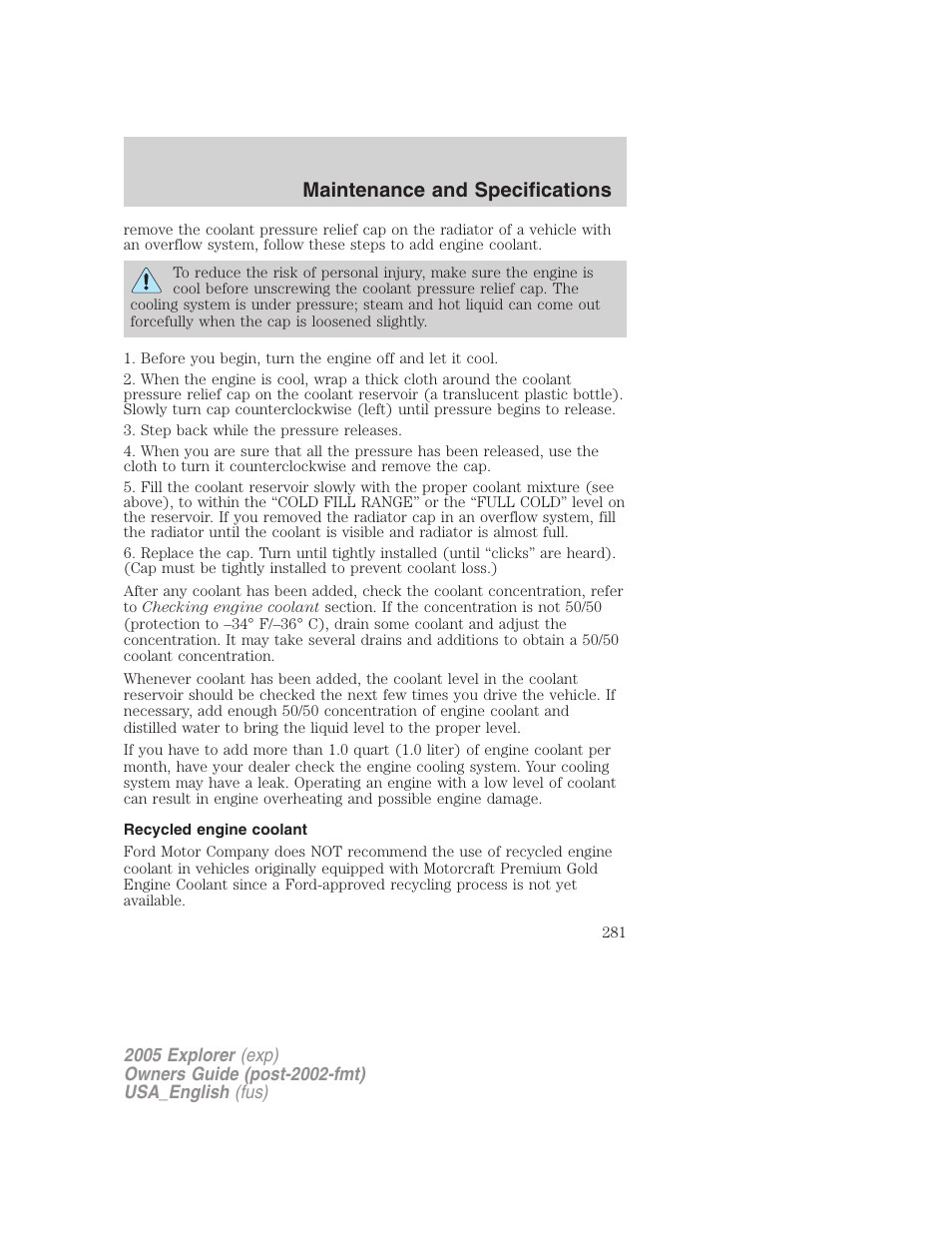 Maintenance and specifications | FORD 2005 Explorer v.2 User Manual | Page 281 / 320