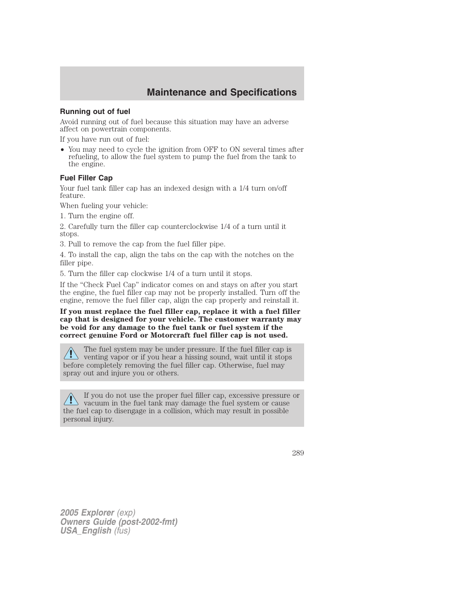 Maintenance and specifications | FORD 2005 Explorer v.2 User Manual | Page 289 / 320