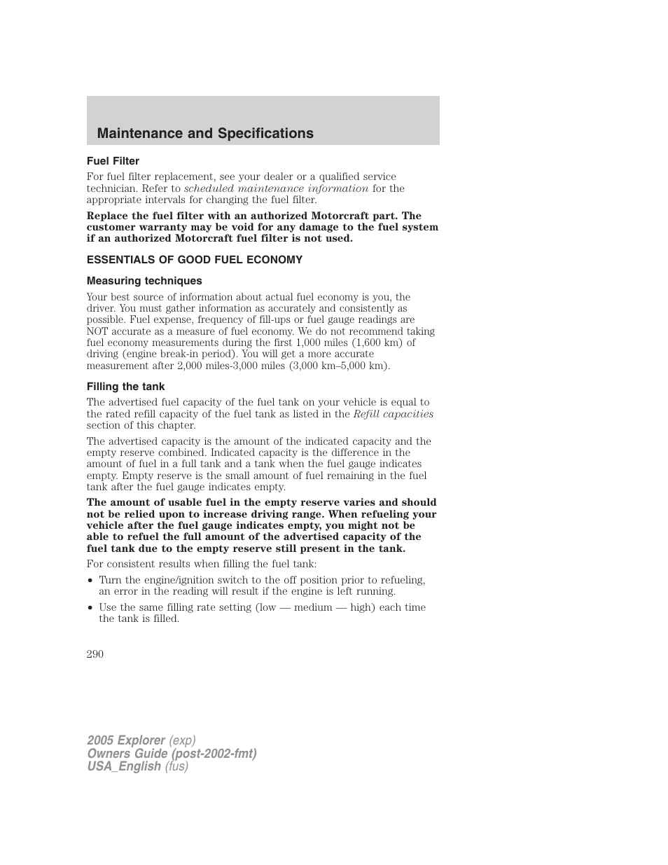 Maintenance and specifications | FORD 2005 Explorer v.2 User Manual | Page 290 / 320
