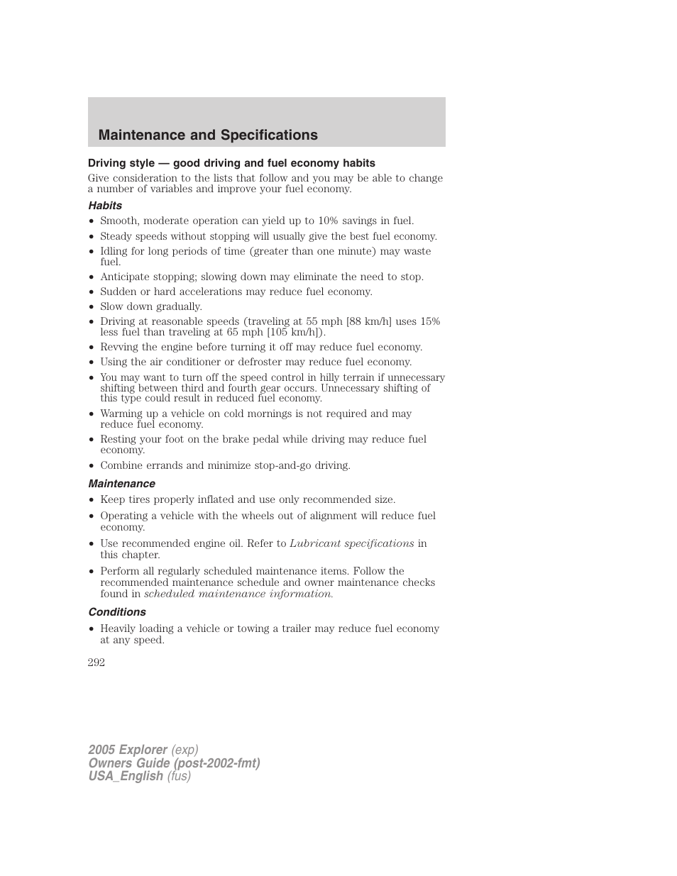 Maintenance and specifications | FORD 2005 Explorer v.2 User Manual | Page 292 / 320