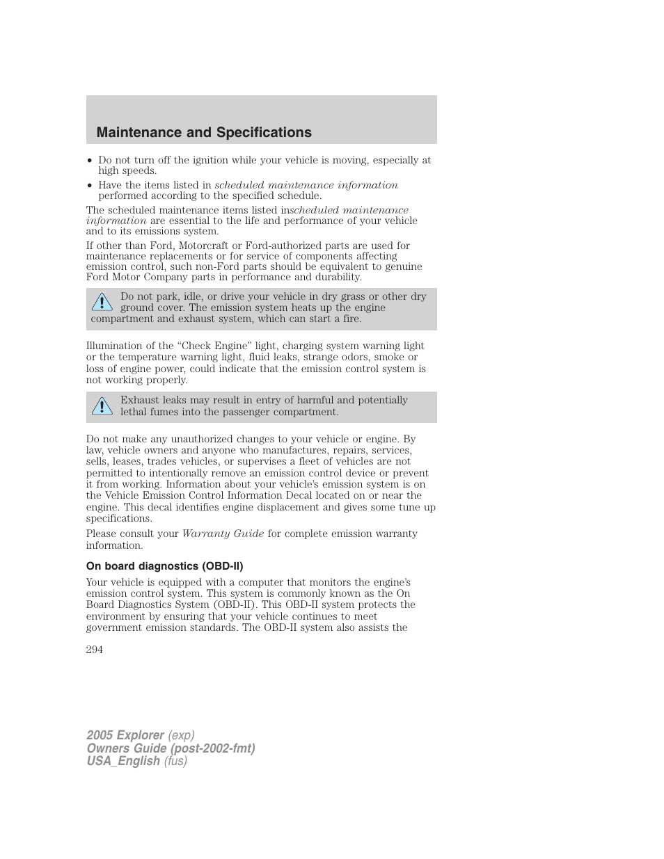 Maintenance and specifications | FORD 2005 Explorer v.2 User Manual | Page 294 / 320