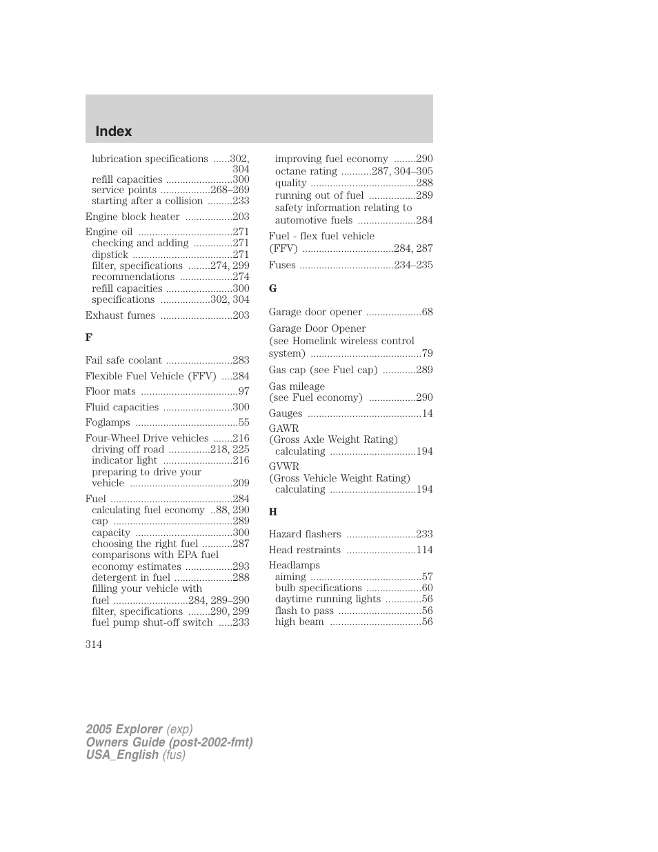 Index | FORD 2005 Explorer v.2 User Manual | Page 314 / 320