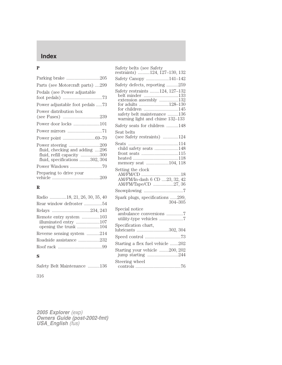 Index | FORD 2005 Explorer v.2 User Manual | Page 316 / 320