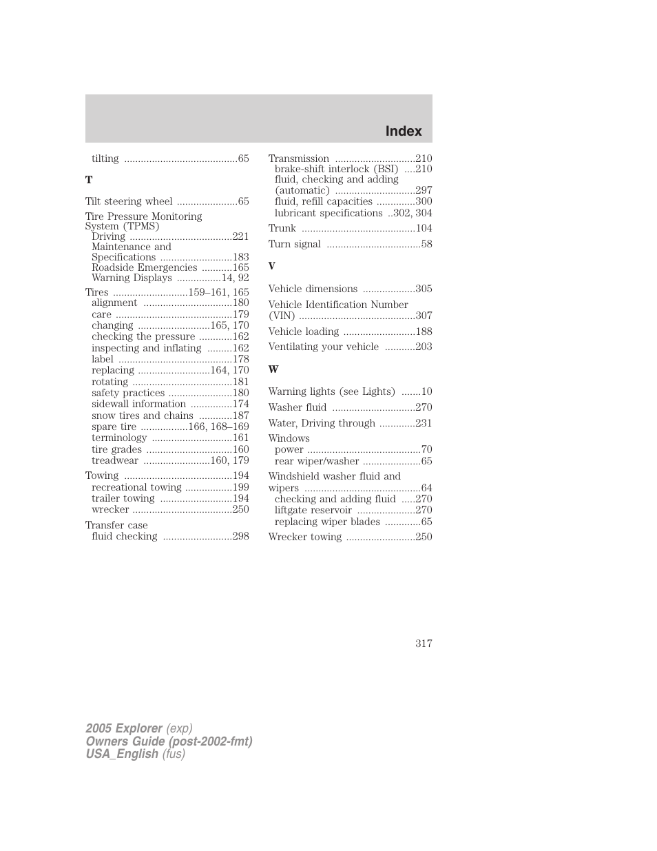 Index | FORD 2005 Explorer v.2 User Manual | Page 317 / 320