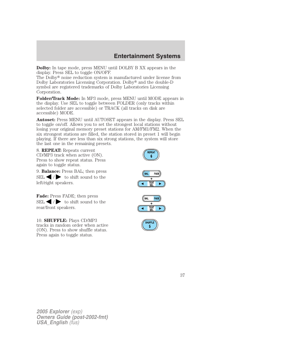 Entertainment systems | FORD 2005 Explorer v.2 User Manual | Page 37 / 320