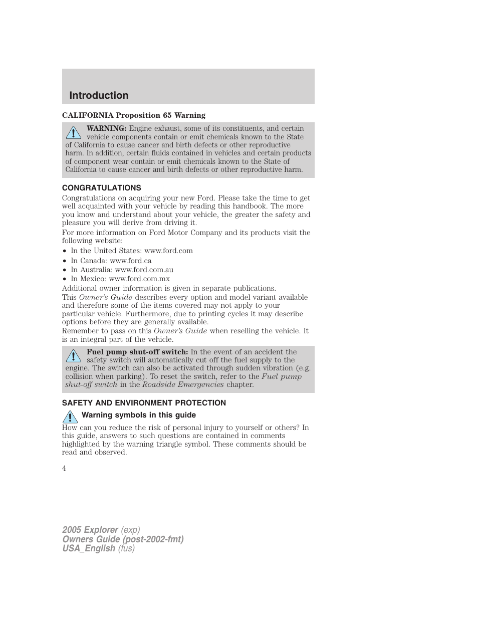 Introduction | FORD 2005 Explorer v.2 User Manual | Page 4 / 320