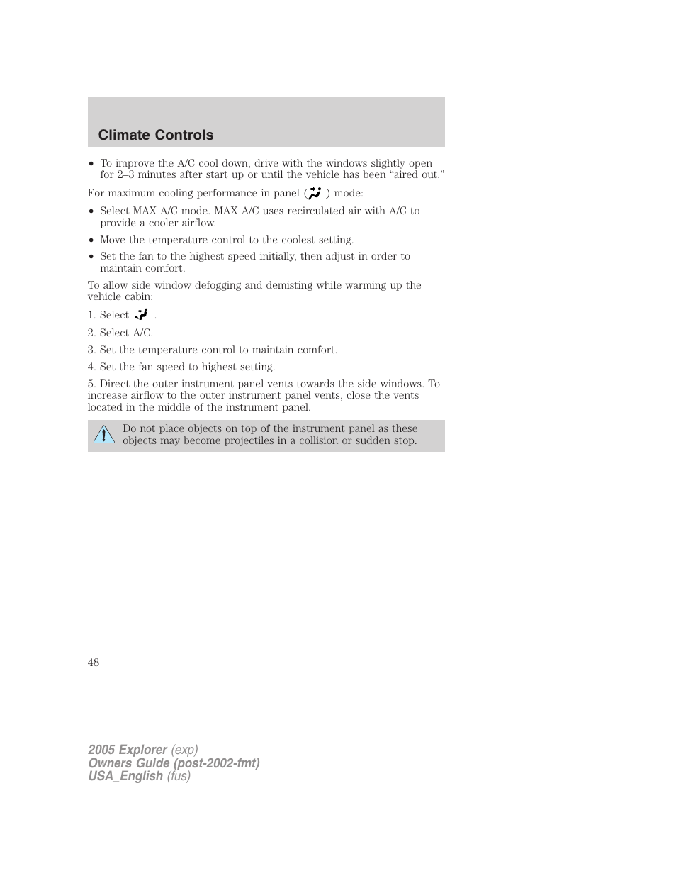Climate controls | FORD 2005 Explorer v.2 User Manual | Page 48 / 320