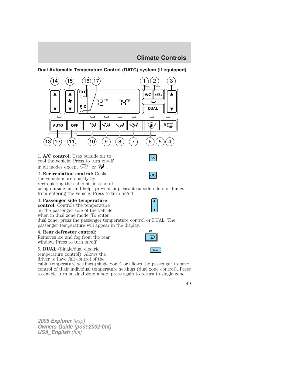 Climate controls | FORD 2005 Explorer v.2 User Manual | Page 49 / 320