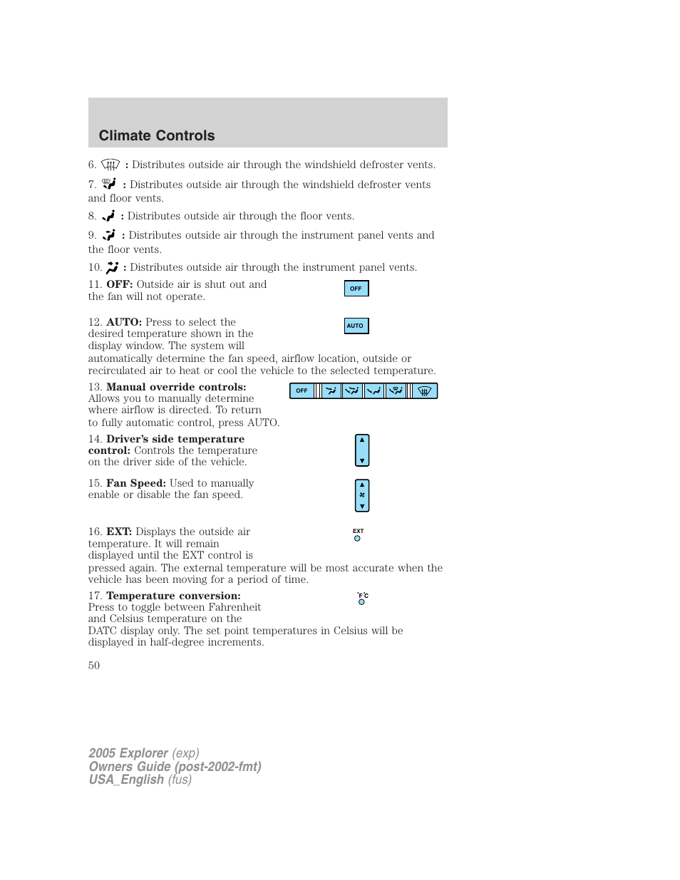 Climate controls | FORD 2005 Explorer v.2 User Manual | Page 50 / 320