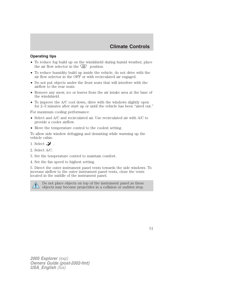 Climate controls | FORD 2005 Explorer v.2 User Manual | Page 51 / 320