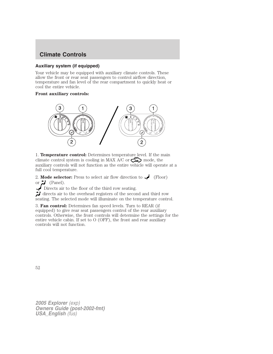 Climate controls | FORD 2005 Explorer v.2 User Manual | Page 52 / 320