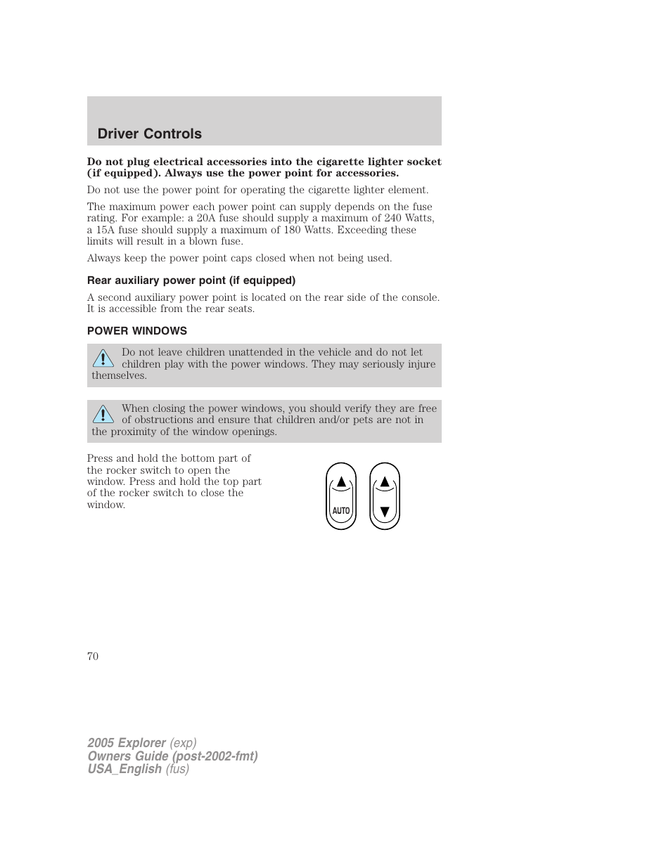 Driver controls | FORD 2005 Explorer v.2 User Manual | Page 70 / 320