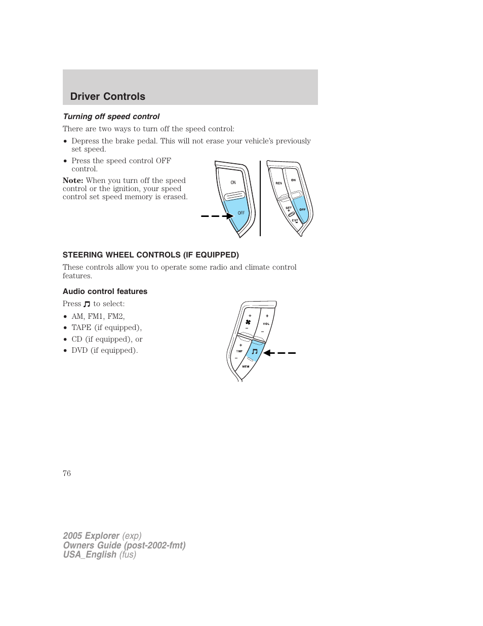 Driver controls | FORD 2005 Explorer v.2 User Manual | Page 76 / 320