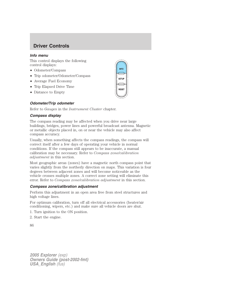 Driver controls | FORD 2005 Explorer v.2 User Manual | Page 86 / 320