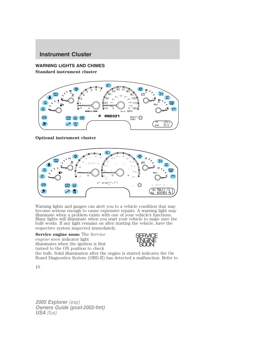 Instrument cluster, Warning lights and chimes, Warning and control lights | FORD 2005 Explorer v.3 User Manual | Page 10 / 312