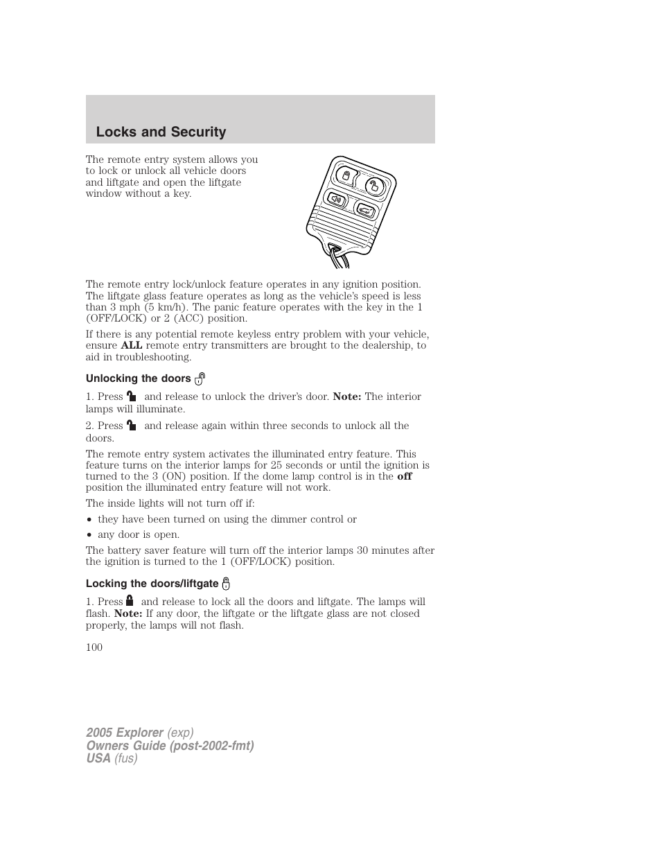 Unlocking the doors, Locking the doors/liftgate, Locks and security | FORD 2005 Explorer v.3 User Manual | Page 100 / 312
