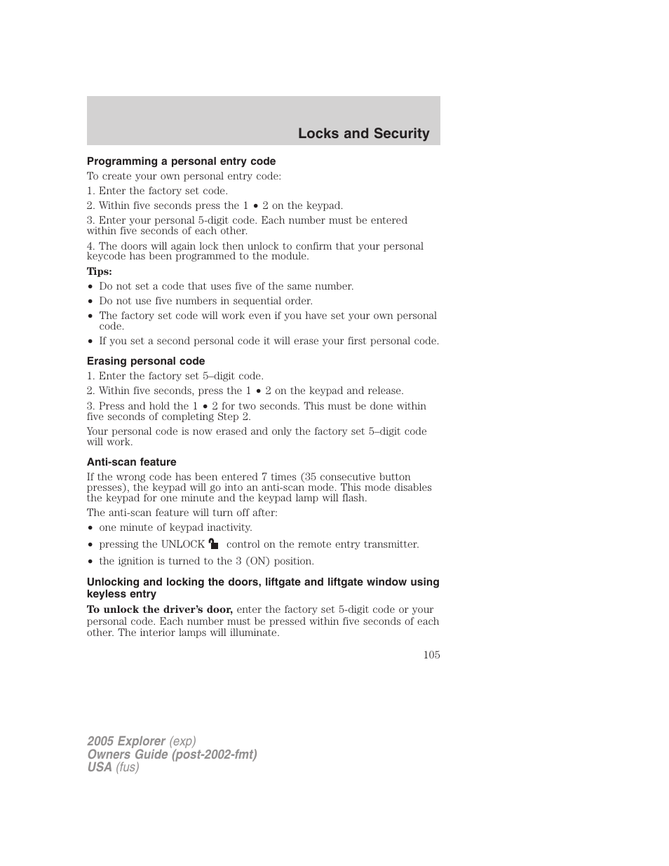 Programming a personal entry code, Erasing personal code, Anti-scan feature | Locks and security | FORD 2005 Explorer v.3 User Manual | Page 105 / 312