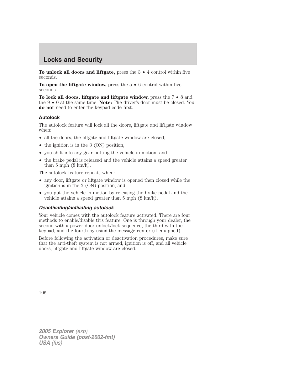 Autolock, Deactivating/activating autolock, Locks and security | FORD 2005 Explorer v.3 User Manual | Page 106 / 312