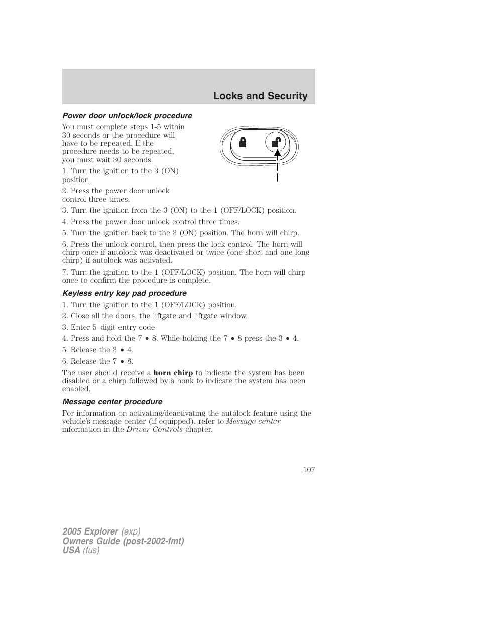 Power door unlock/lock procedure, Keyless entry key pad procedure, Message center procedure | Locks and security | FORD 2005 Explorer v.3 User Manual | Page 107 / 312