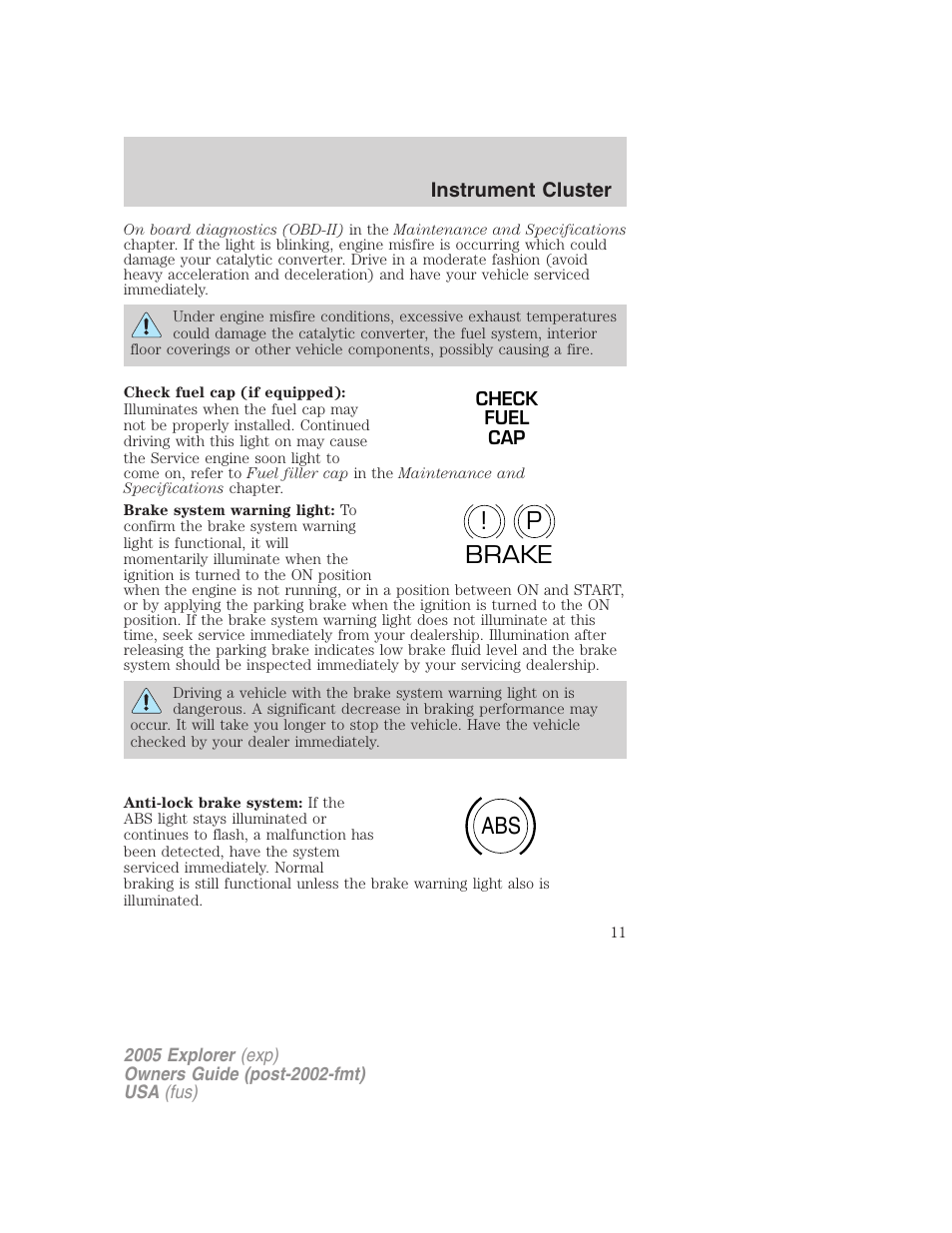 P! brake abs | FORD 2005 Explorer v.3 User Manual | Page 11 / 312