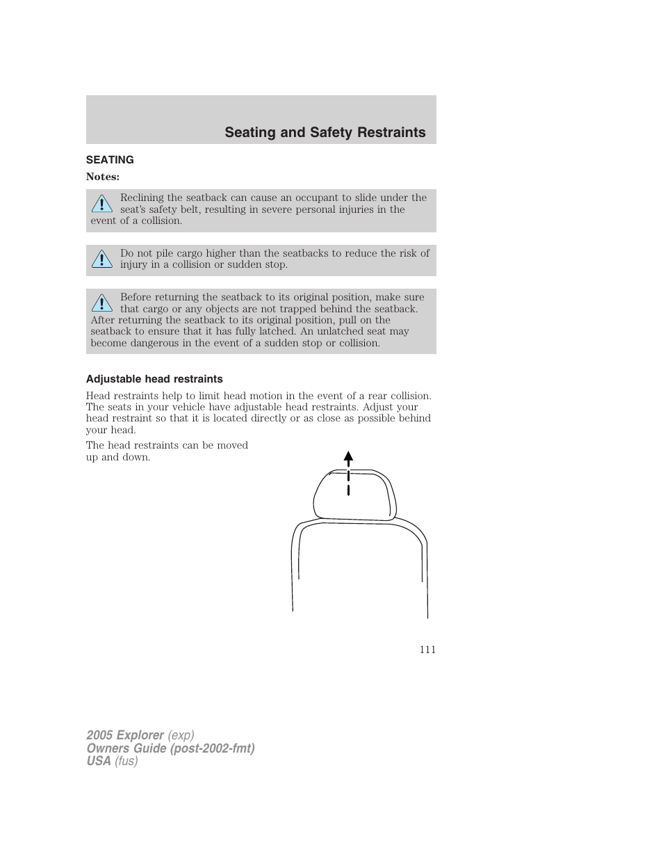 Seating and safety restraints, Seating, Adjustable head restraints | FORD 2005 Explorer v.3 User Manual | Page 111 / 312