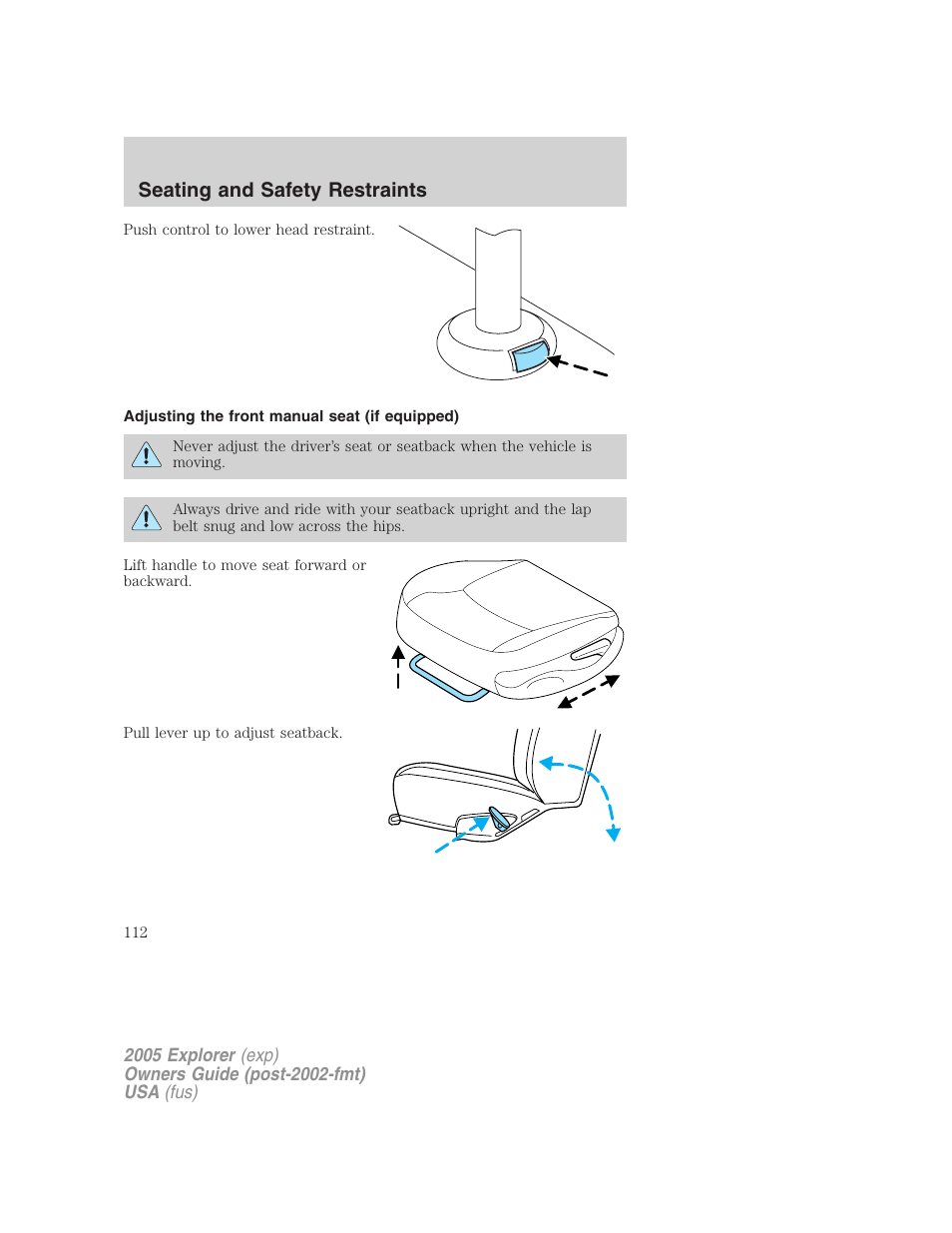 Adjusting the front manual seat (if equipped), Seating and safety restraints | FORD 2005 Explorer v.3 User Manual | Page 112 / 312