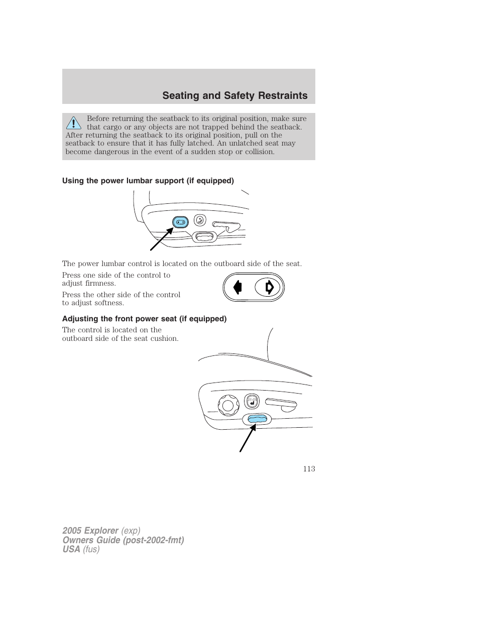 Using the power lumbar support (if equipped), Adjusting the front power seat (if equipped), Seating and safety restraints | FORD 2005 Explorer v.3 User Manual | Page 113 / 312
