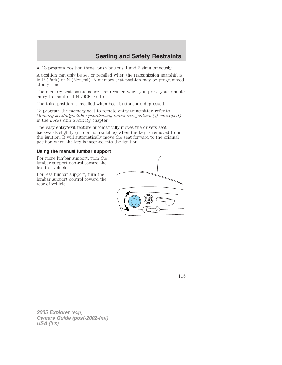 Using the manual lumbar support, Seating and safety restraints | FORD 2005 Explorer v.3 User Manual | Page 115 / 312