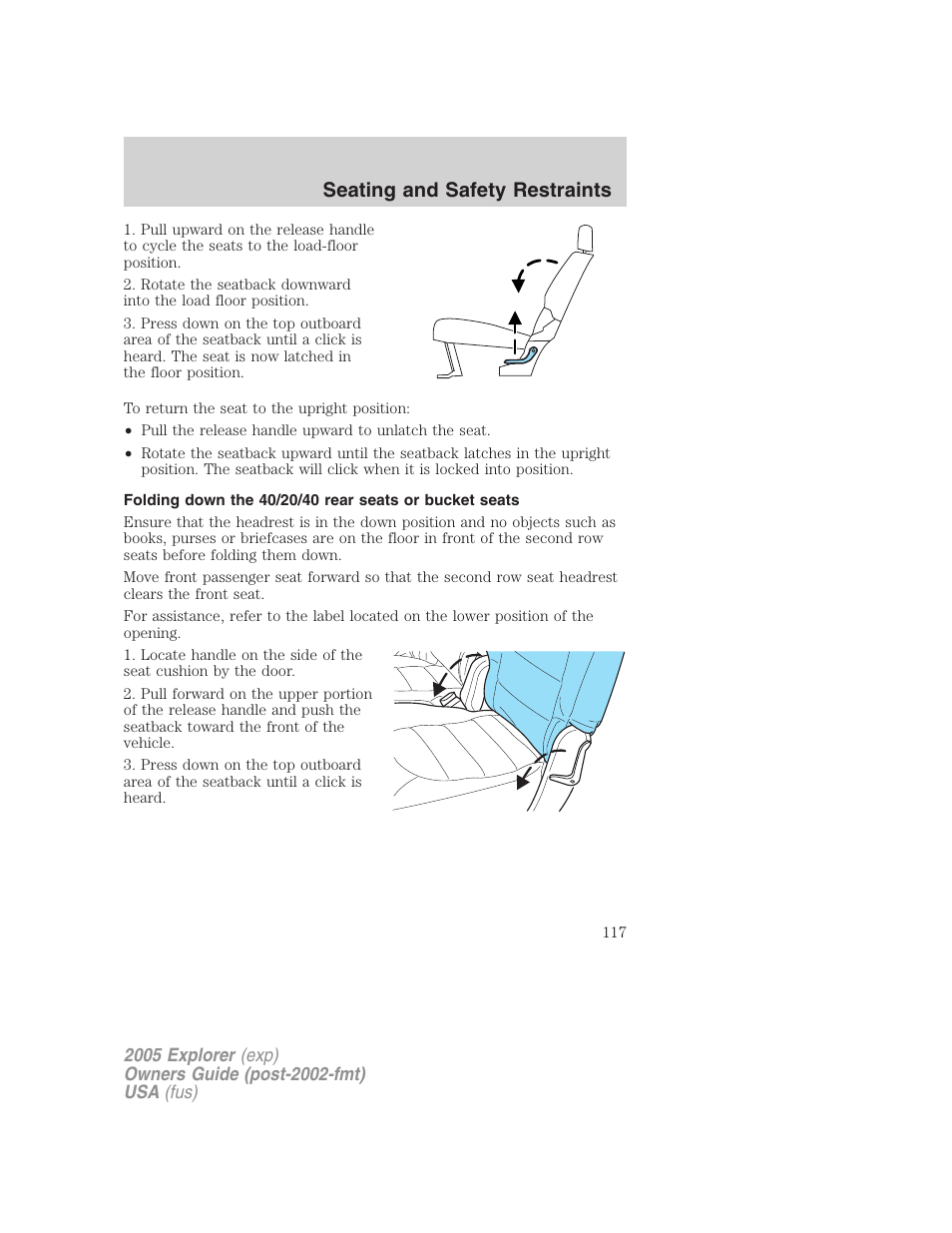 Seating and safety restraints | FORD 2005 Explorer v.3 User Manual | Page 117 / 312