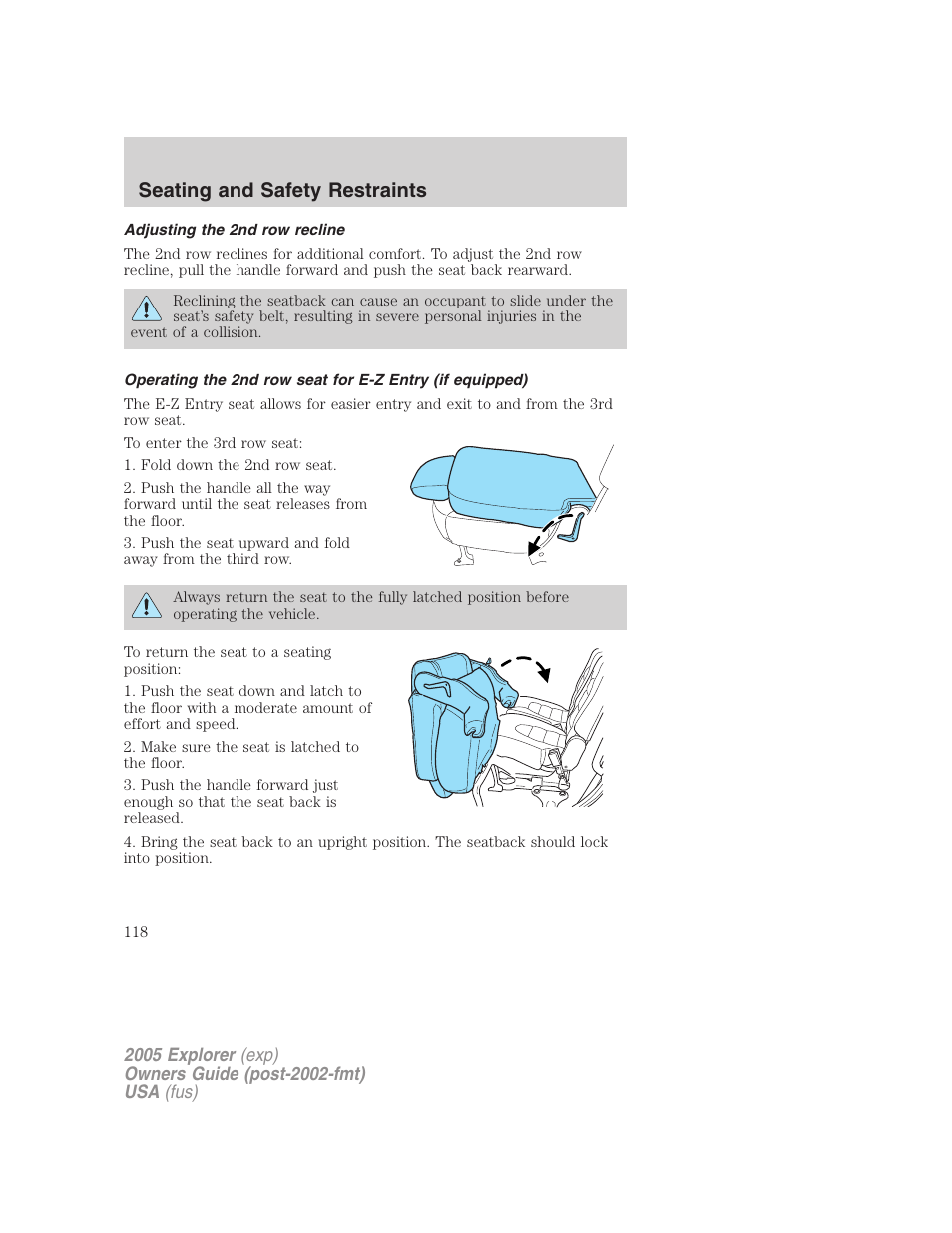 Adjusting the 2nd row recline, Seating and safety restraints | FORD 2005 Explorer v.3 User Manual | Page 118 / 312