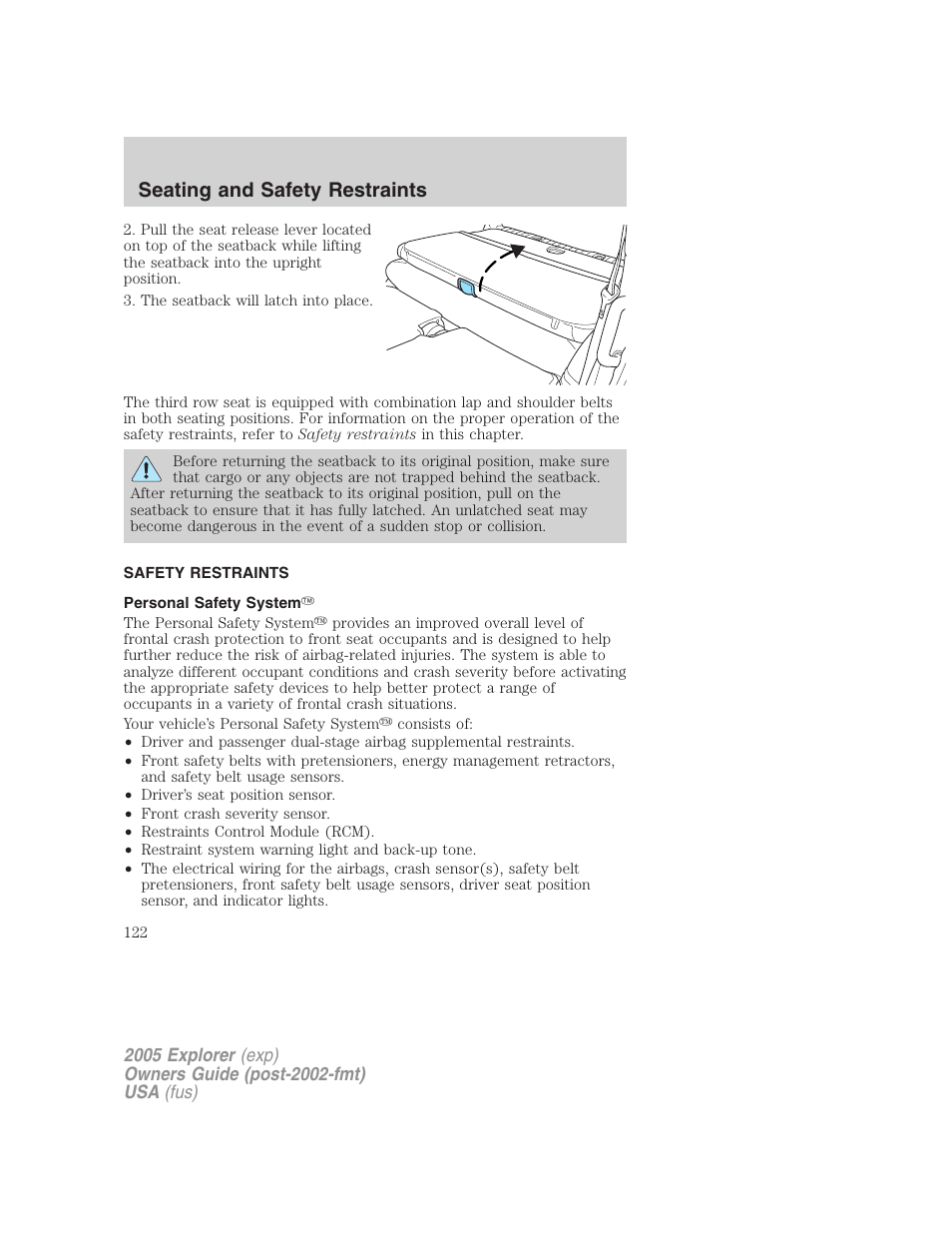 Safety restraints, Personal safety system, Seating and safety restraints | FORD 2005 Explorer v.3 User Manual | Page 122 / 312