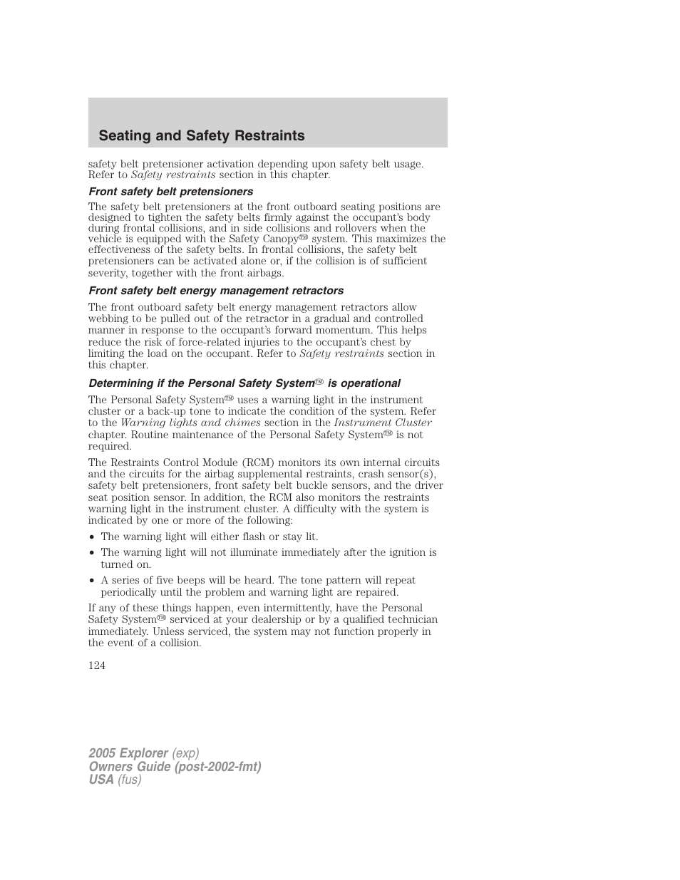 Front safety belt pretensioners, Front safety belt energy management retractors, Seating and safety restraints | FORD 2005 Explorer v.3 User Manual | Page 124 / 312