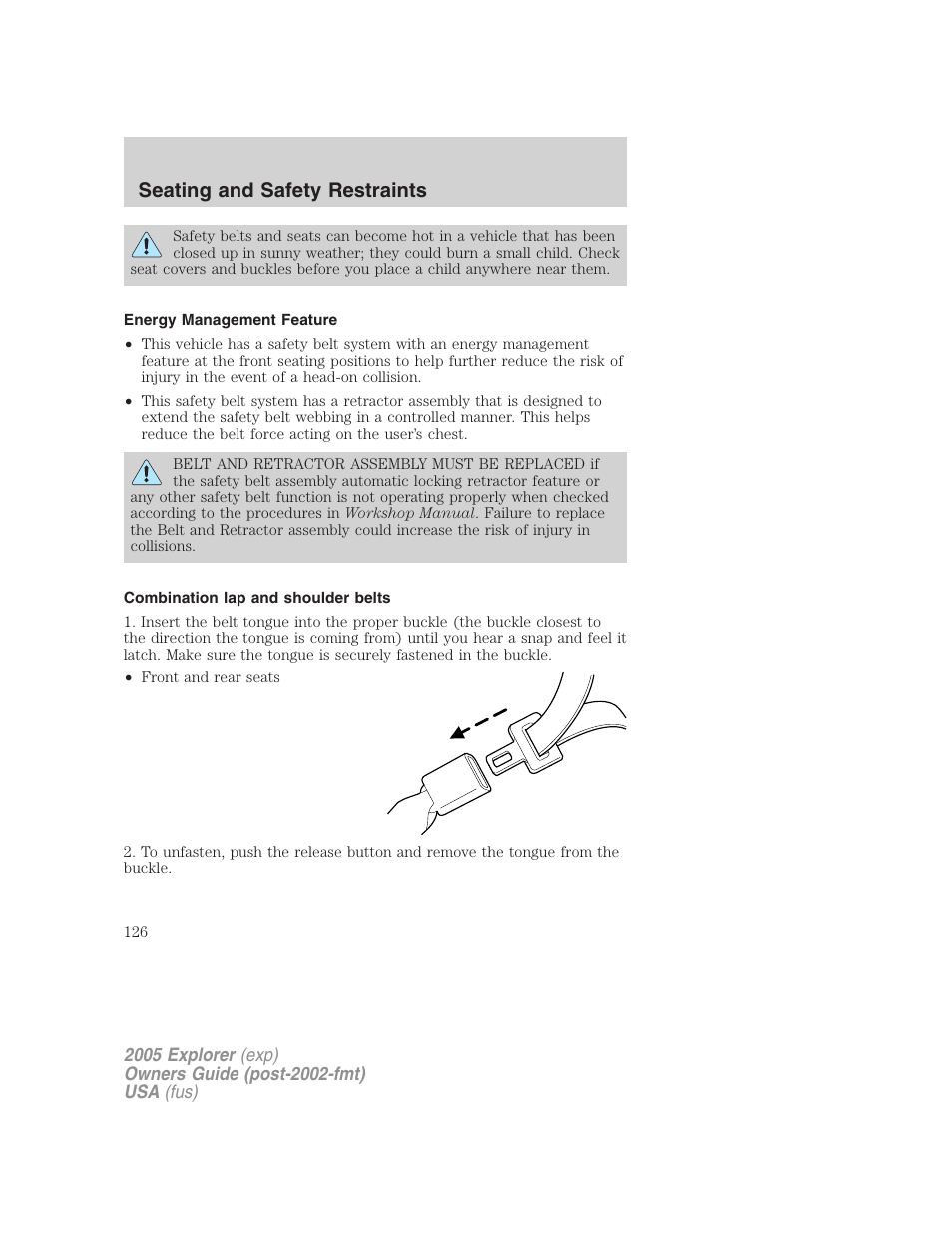 Energy management feature, Combination lap and shoulder belts, Seating and safety restraints | FORD 2005 Explorer v.3 User Manual | Page 126 / 312
