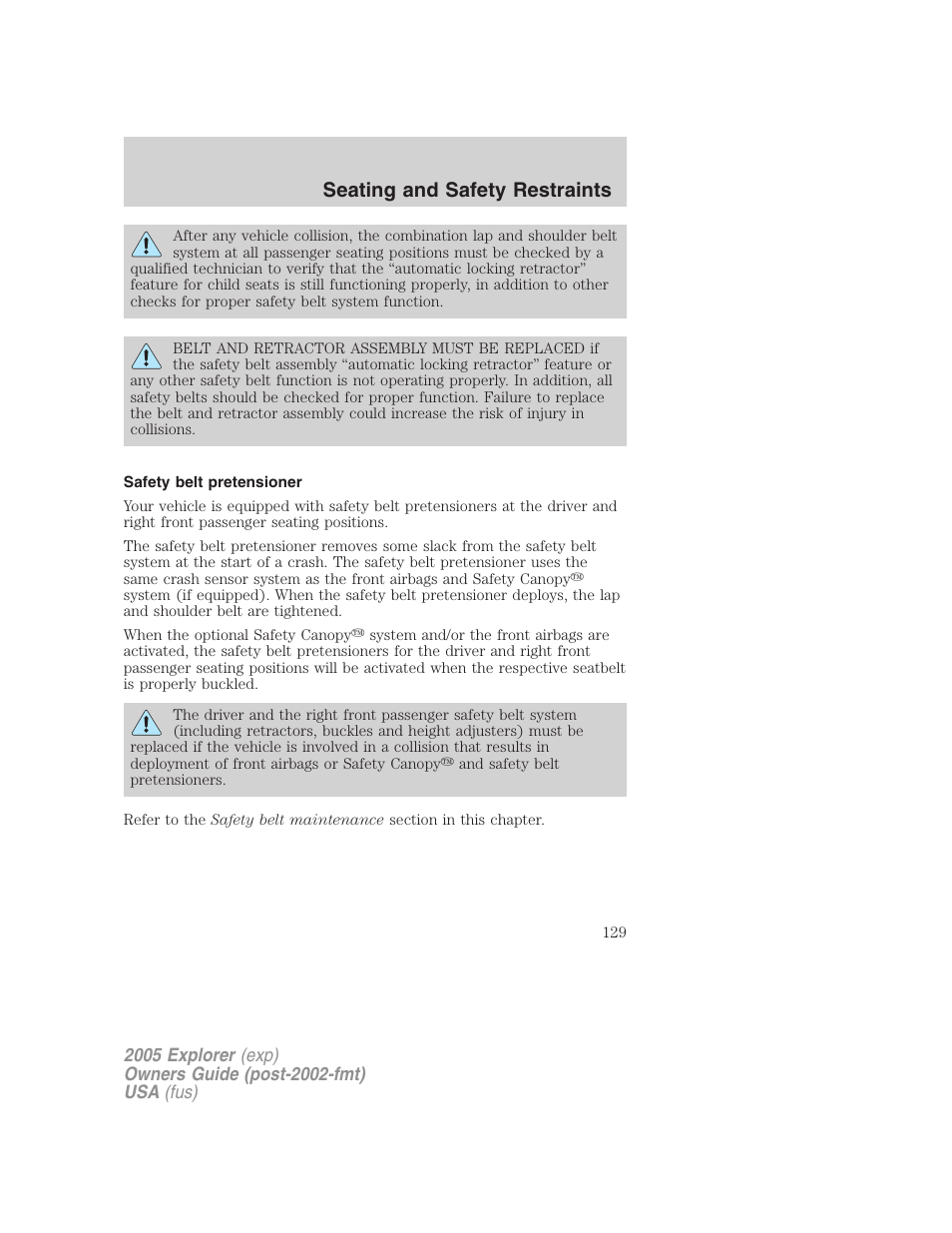 Safety belt pretensioner, Seating and safety restraints | FORD 2005 Explorer v.3 User Manual | Page 129 / 312