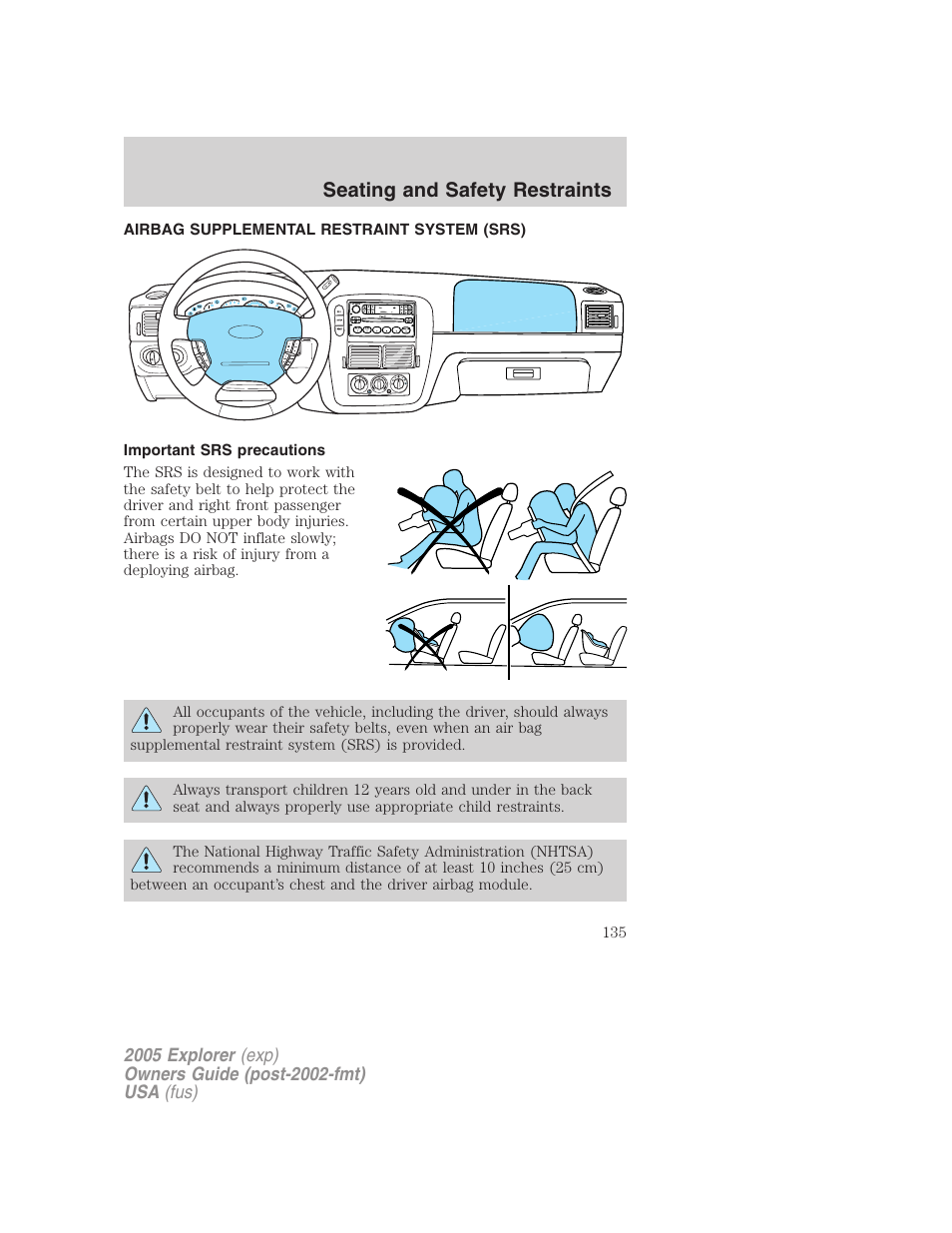 Airbag supplemental restraint system (srs), Important srs precautions, Airbags | Seating and safety restraints | FORD 2005 Explorer v.3 User Manual | Page 135 / 312