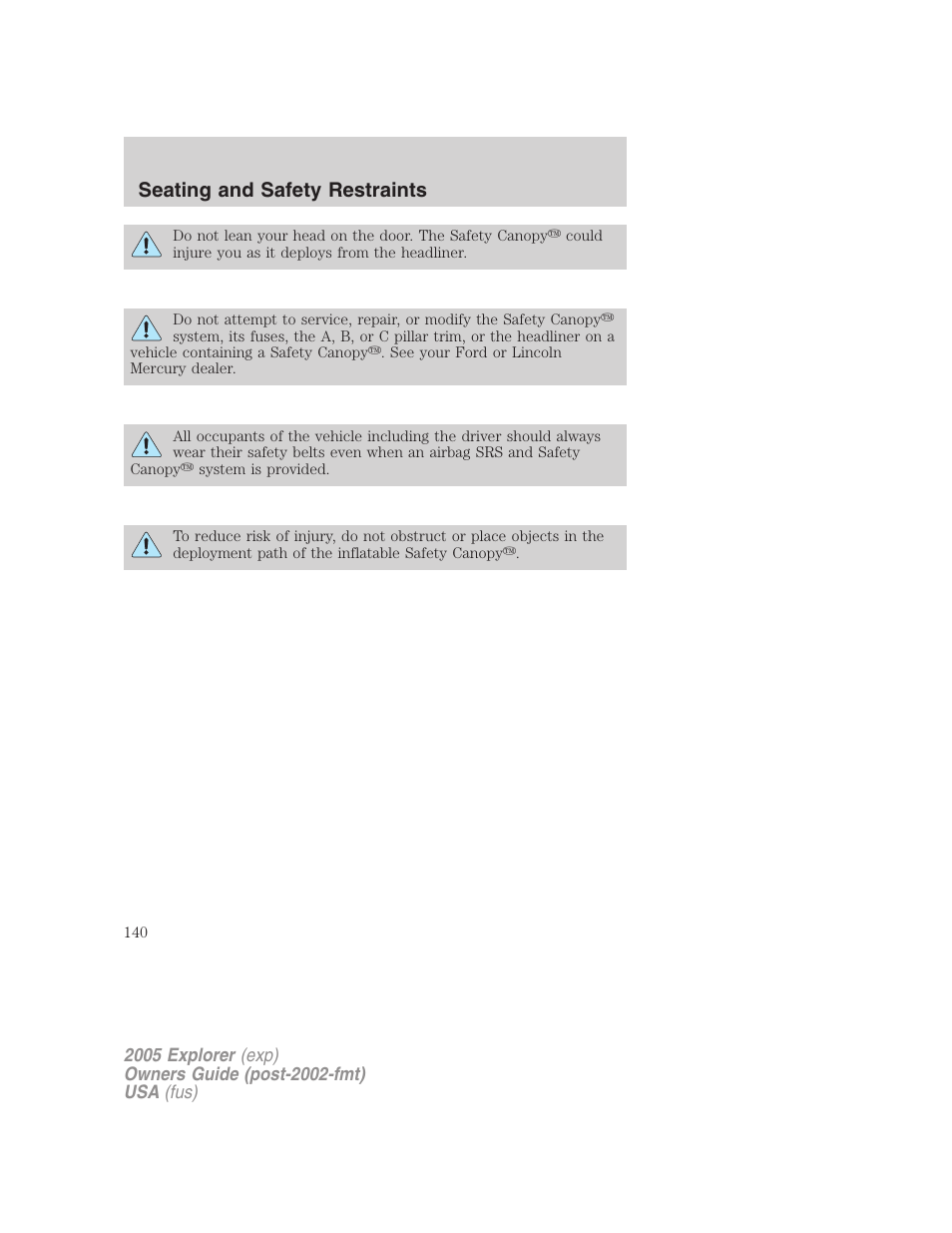 Seating and safety restraints | FORD 2005 Explorer v.3 User Manual | Page 140 / 312