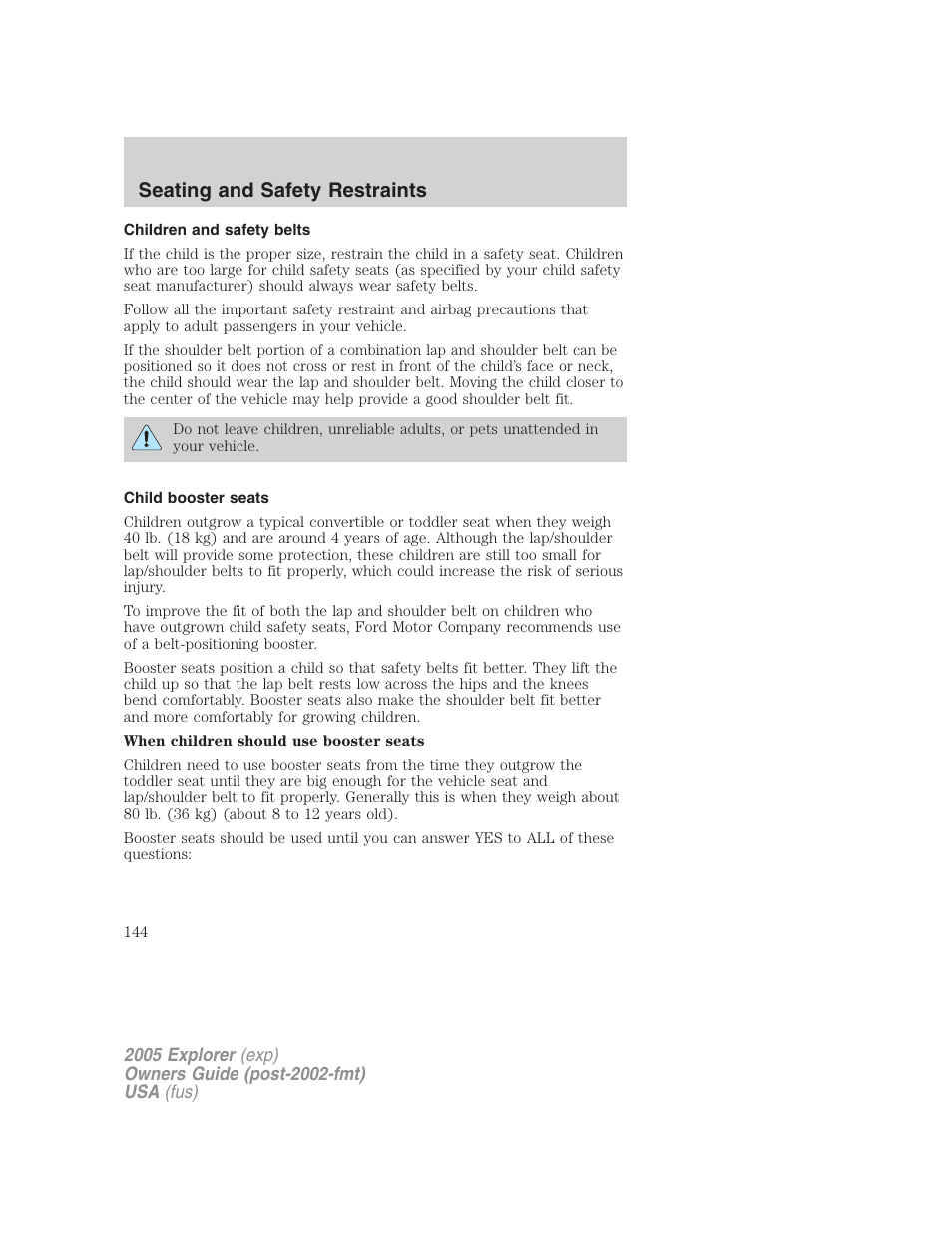 Children and safety belts, Child booster seats, Seating and safety restraints | FORD 2005 Explorer v.3 User Manual | Page 144 / 312