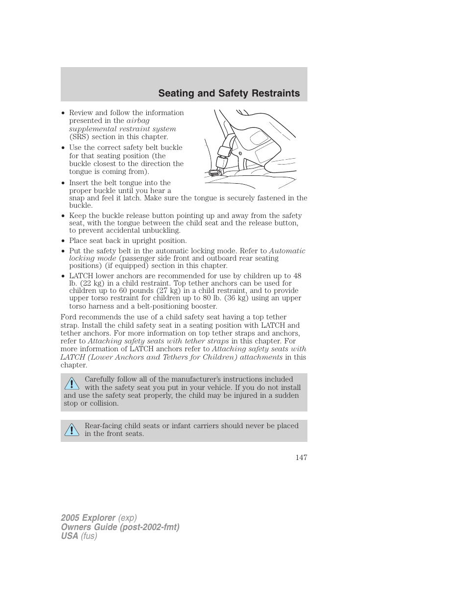 Seating and safety restraints | FORD 2005 Explorer v.3 User Manual | Page 147 / 312