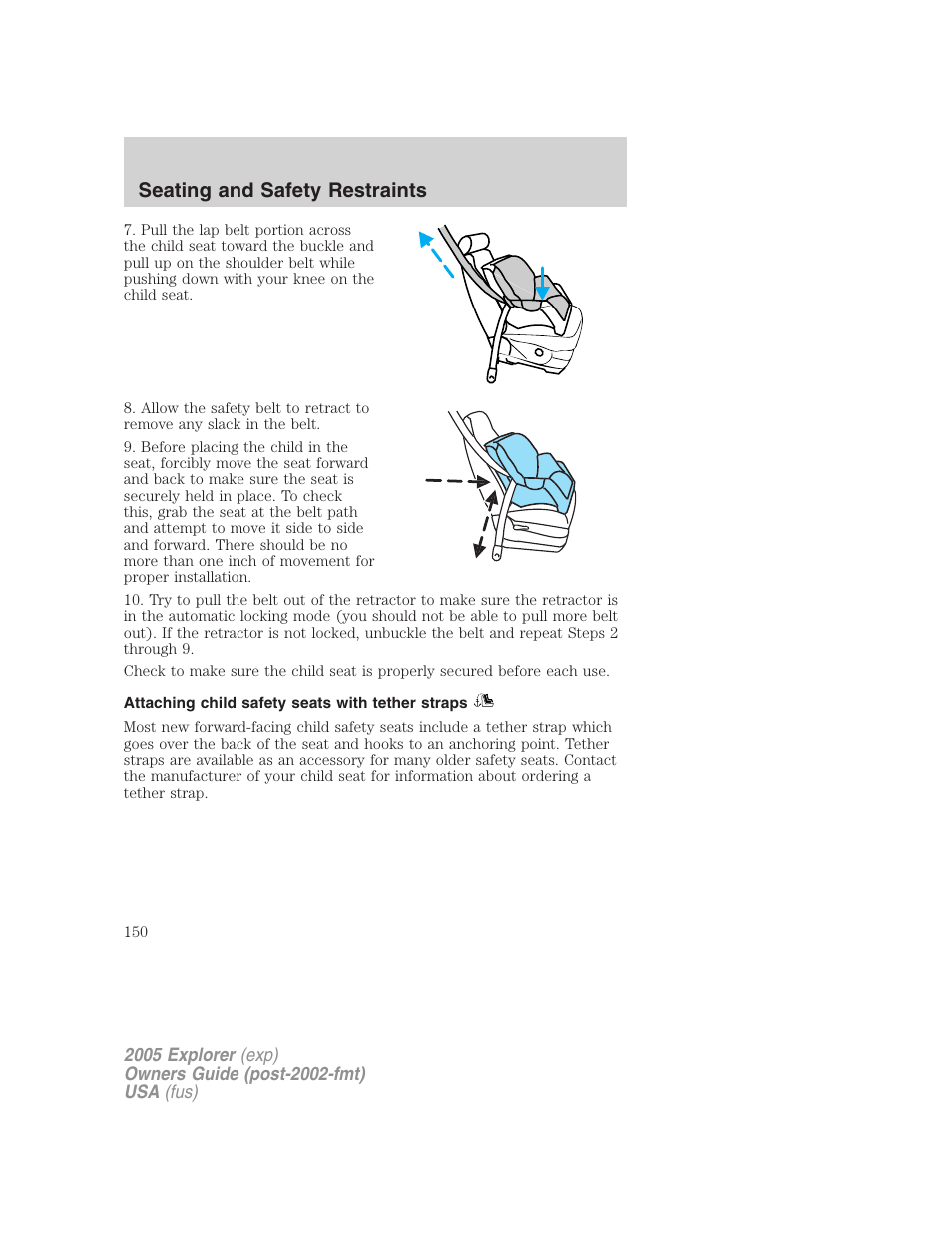 Attaching child safety seats with tether straps, Seating and safety restraints | FORD 2005 Explorer v.3 User Manual | Page 150 / 312