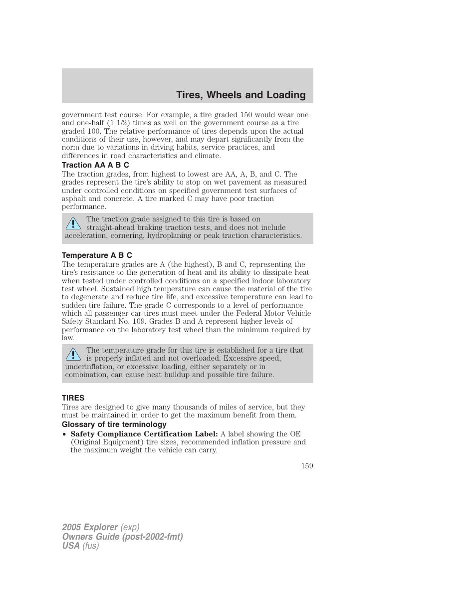 Traction aa a b c, Temperature a b c, Tires | Glossary of tire terminology, Tires, wheels and loading | FORD 2005 Explorer v.3 User Manual | Page 159 / 312