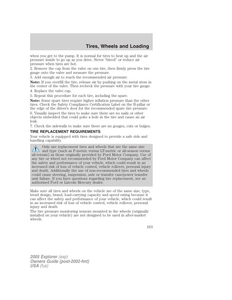 Tire replacement requirements, Tires, wheels and loading | FORD 2005 Explorer v.3 User Manual | Page 163 / 312