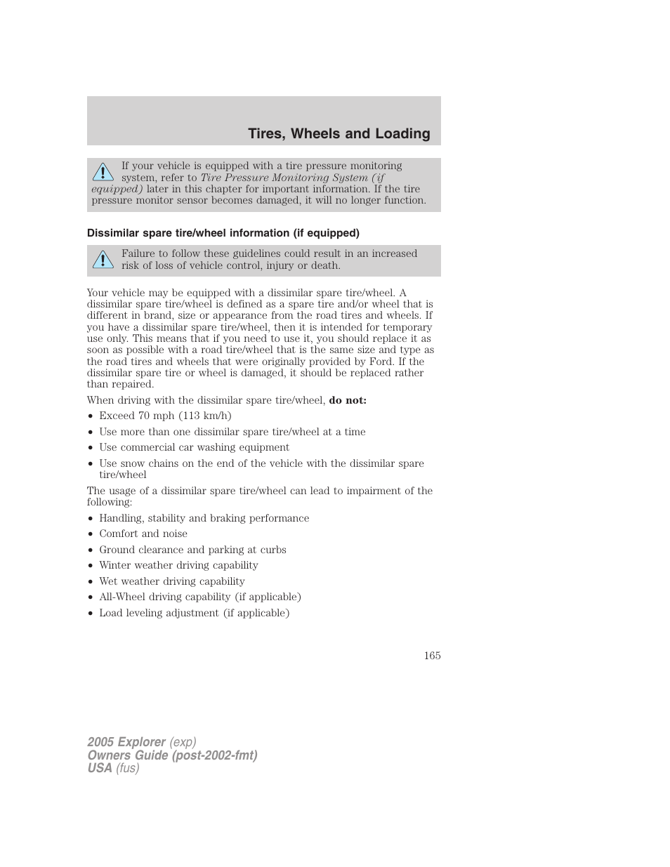 Tires, wheels and loading | FORD 2005 Explorer v.3 User Manual | Page 165 / 312