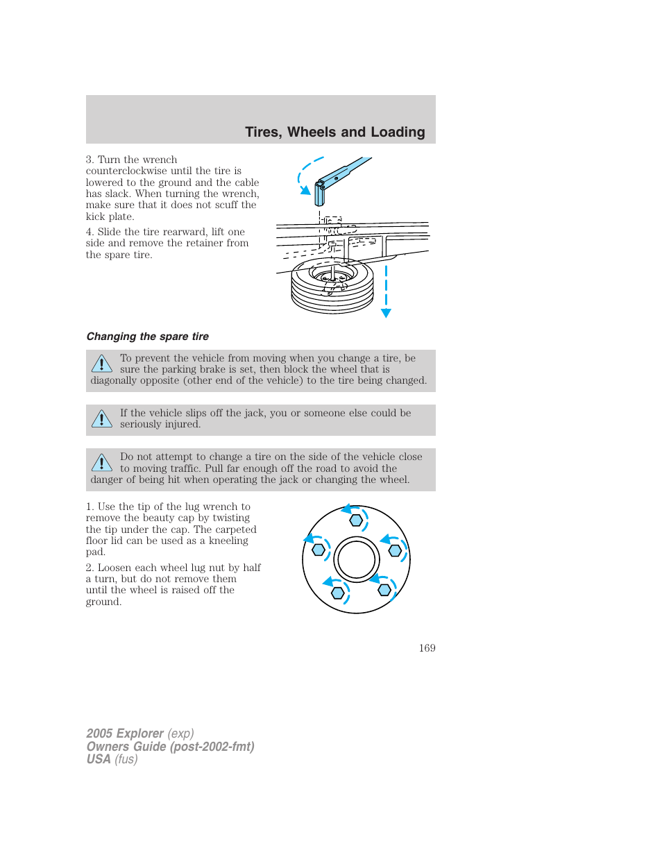 Changing the spare tire, Tires, wheels and loading | FORD 2005 Explorer v.3 User Manual | Page 169 / 312