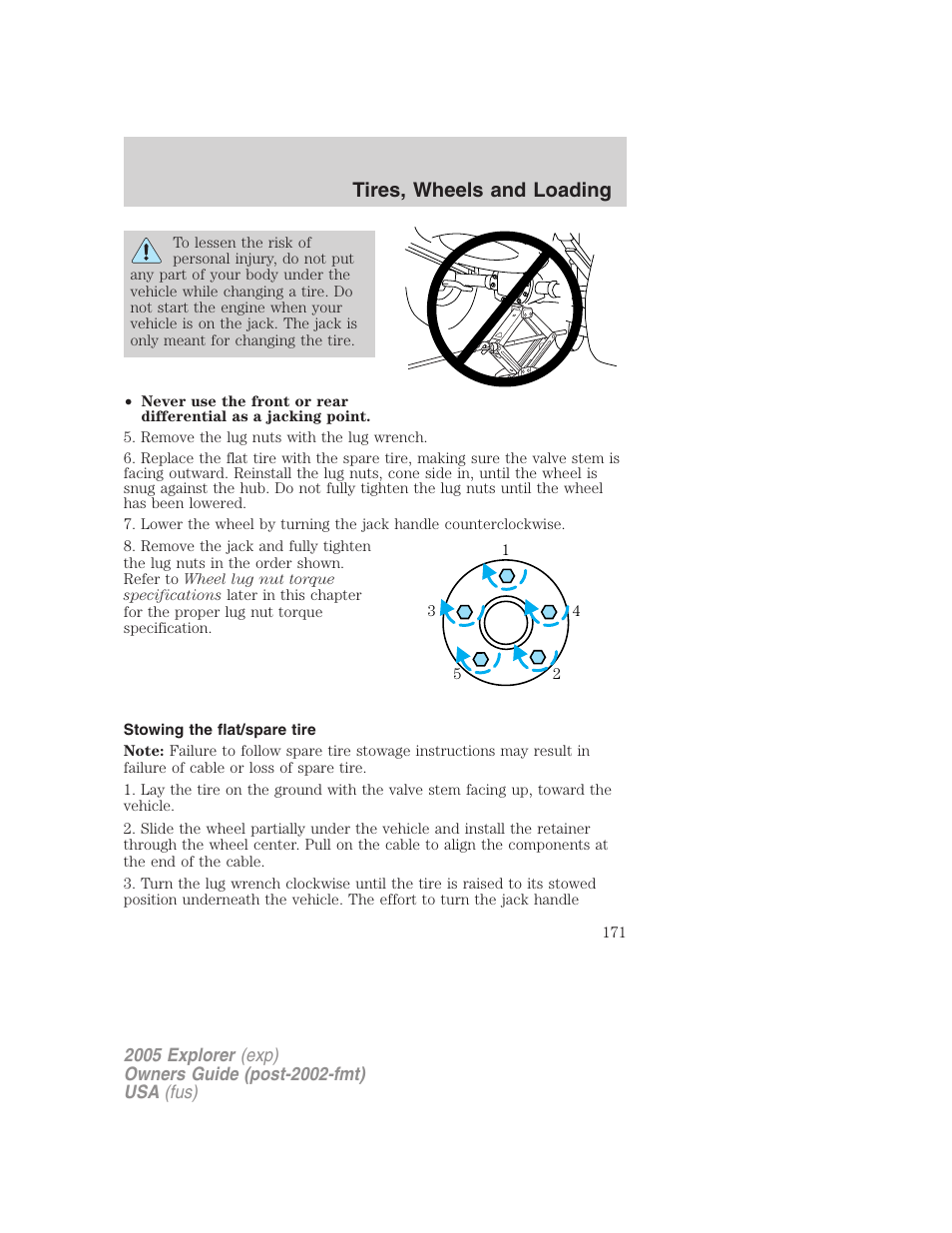 Stowing the flat/spare tire, Tires, wheels and loading | FORD 2005 Explorer v.3 User Manual | Page 171 / 312