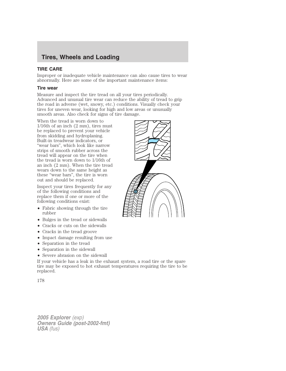 Tire care, Tire wear, Tires, wheels and loading | FORD 2005 Explorer v.3 User Manual | Page 178 / 312