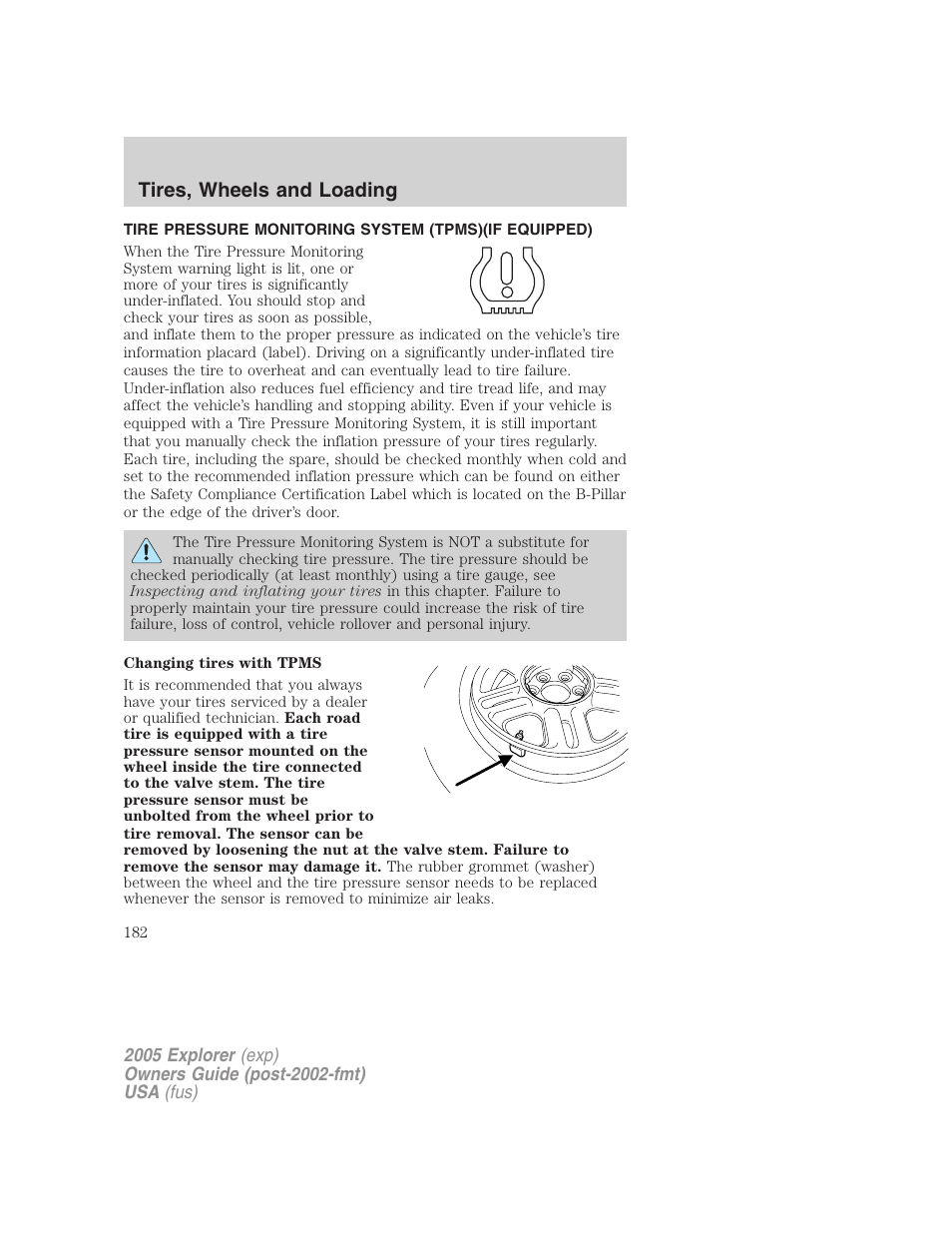 Tire pressure monitoring system (tpms), Tires, wheels and loading | FORD 2005 Explorer v.3 User Manual | Page 182 / 312